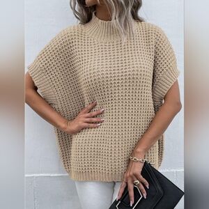 Pink Queen Women's Mock Neck Batwing Short Sleeve Loose Oversized Knit Pullover